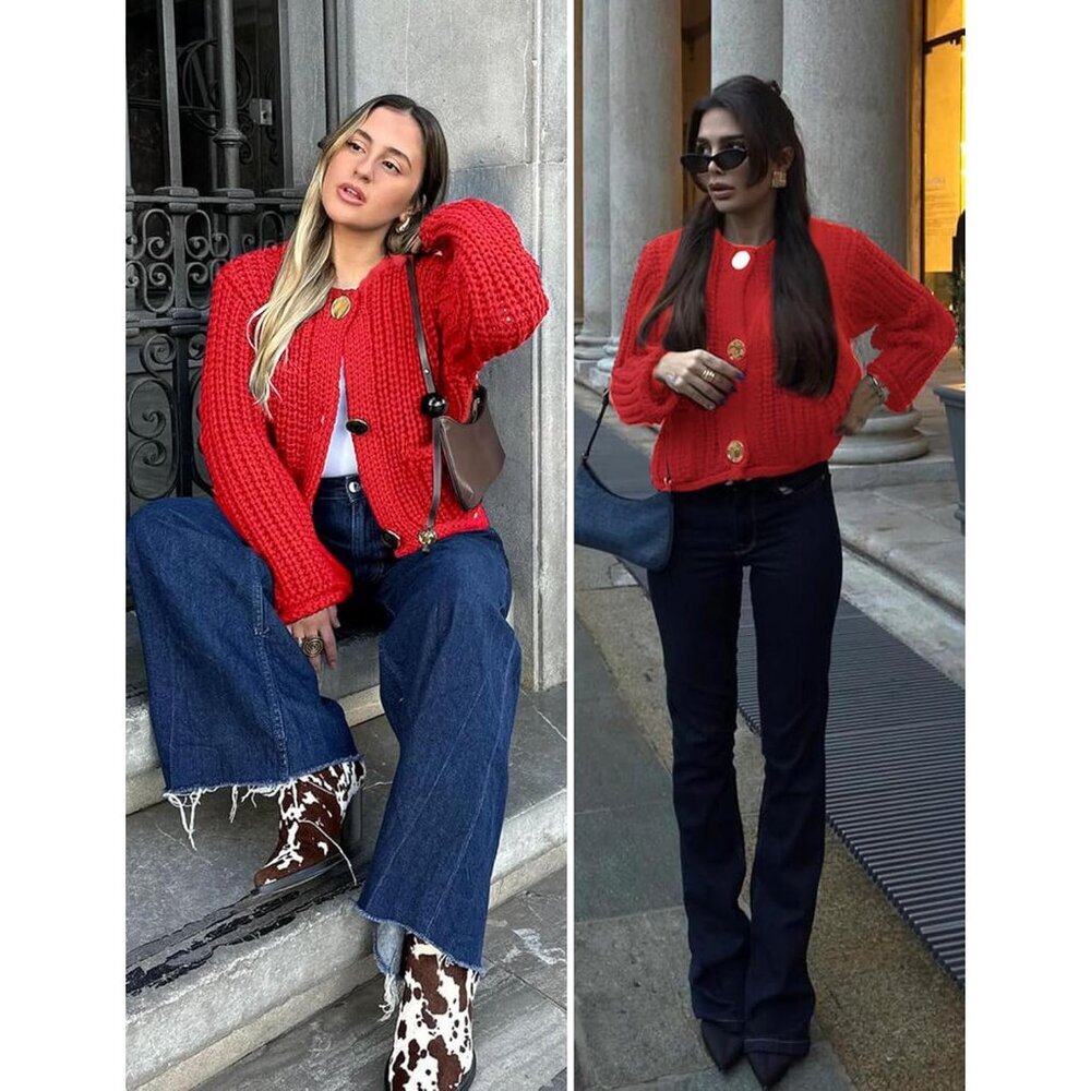 Elegant Women's Long Sleeve Cropped Cardigan - Button-Down Knit Sweater in Red - Picture 6 of 7